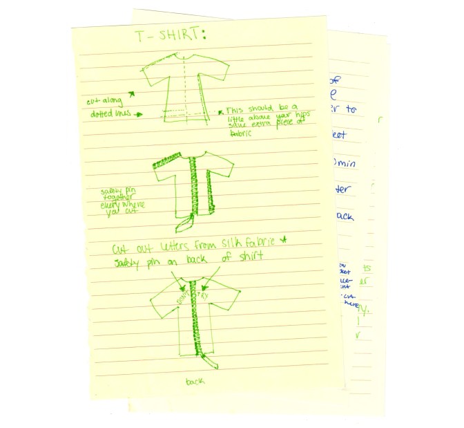 handwritten steps to create Prizzcilla's customized shirt