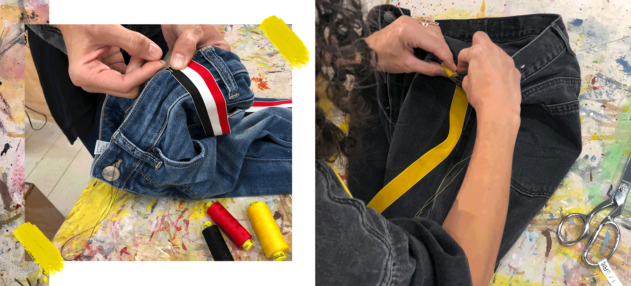 Animation of ribbon being stitched to DIY jeans