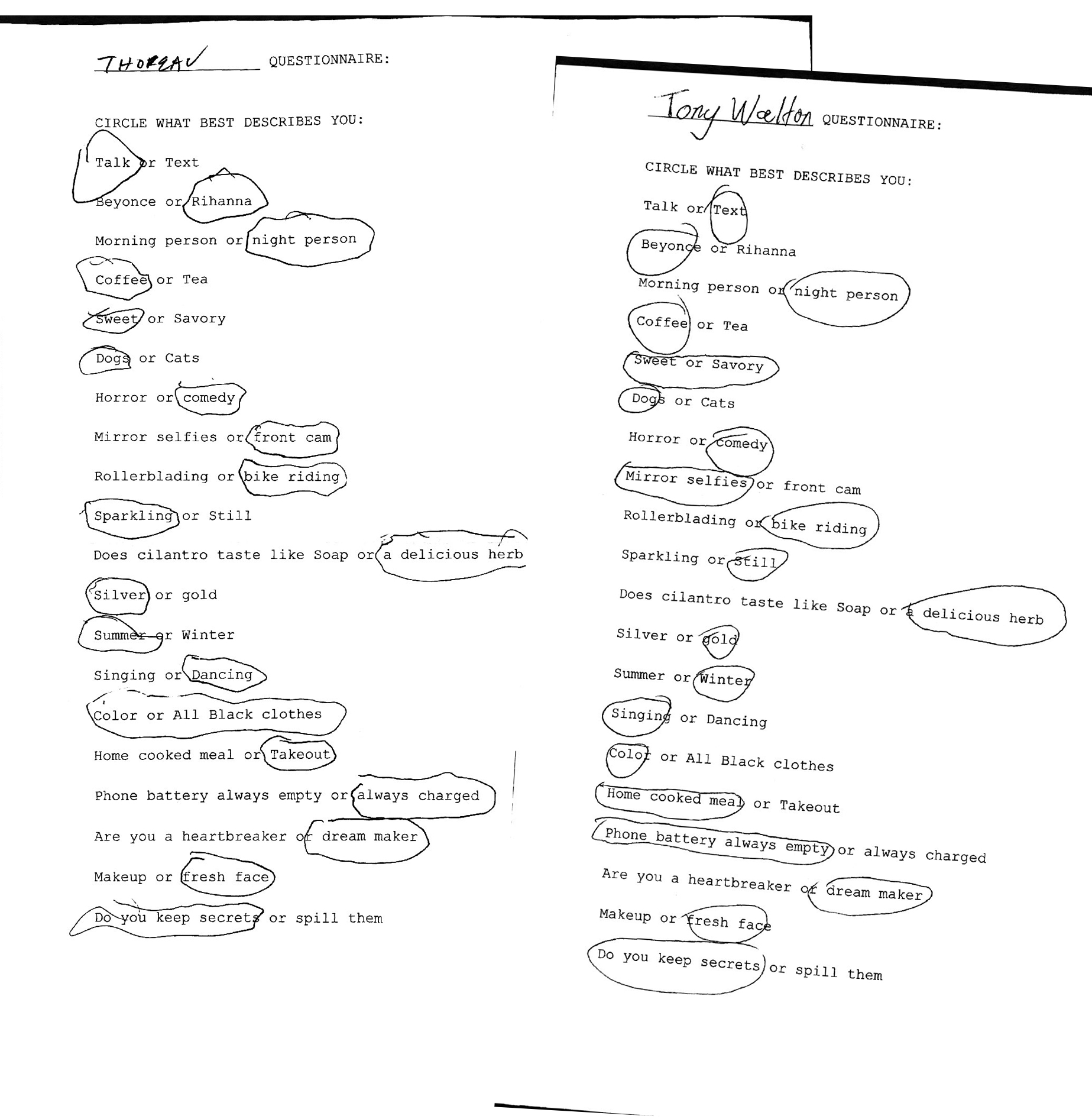 questionnaires filled out by Thoreau & Tony