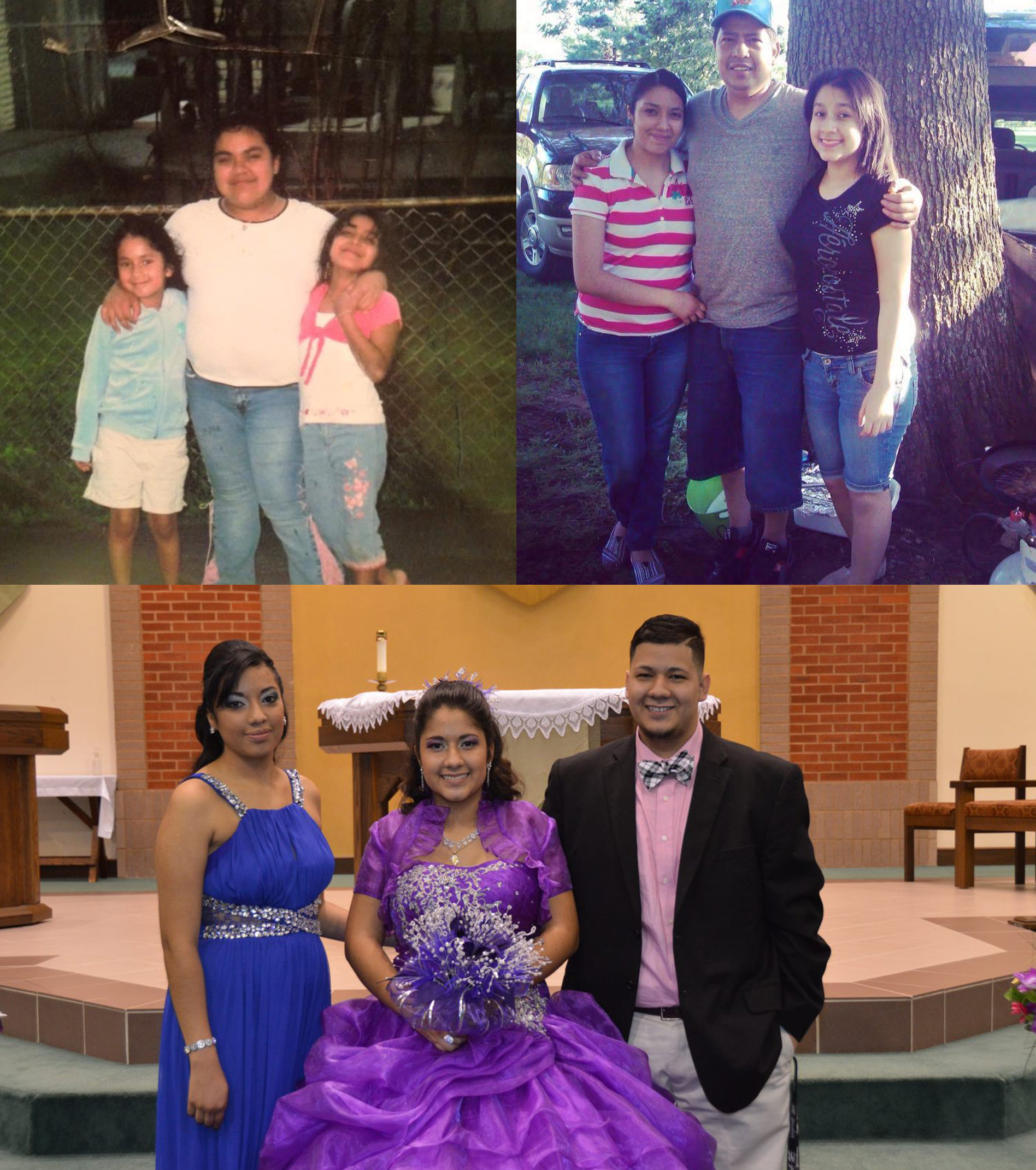 dith posing for a picture with her two older sibling Jeanette (Left) and Jose(Right) after her Quinceañera church ceremony.